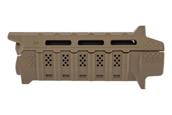 Strike Industries Carbine Length Handguard with Heat Shield in FDE/Black features aggressive texturing